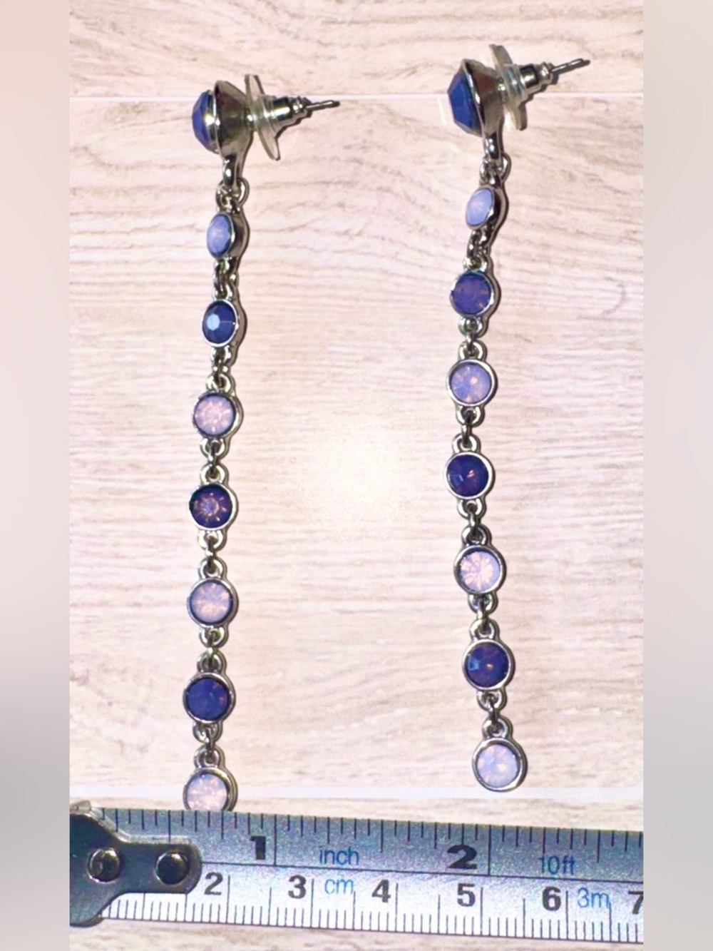 Long Dangle Earrings with Blue Opalescent Stones - Picture 3 of 5